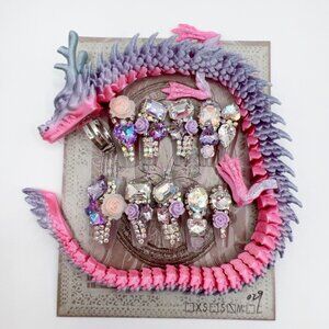 Luxury Dragon Ring Press-On Nails | Rhinestone 3D Flower | Long Coffin